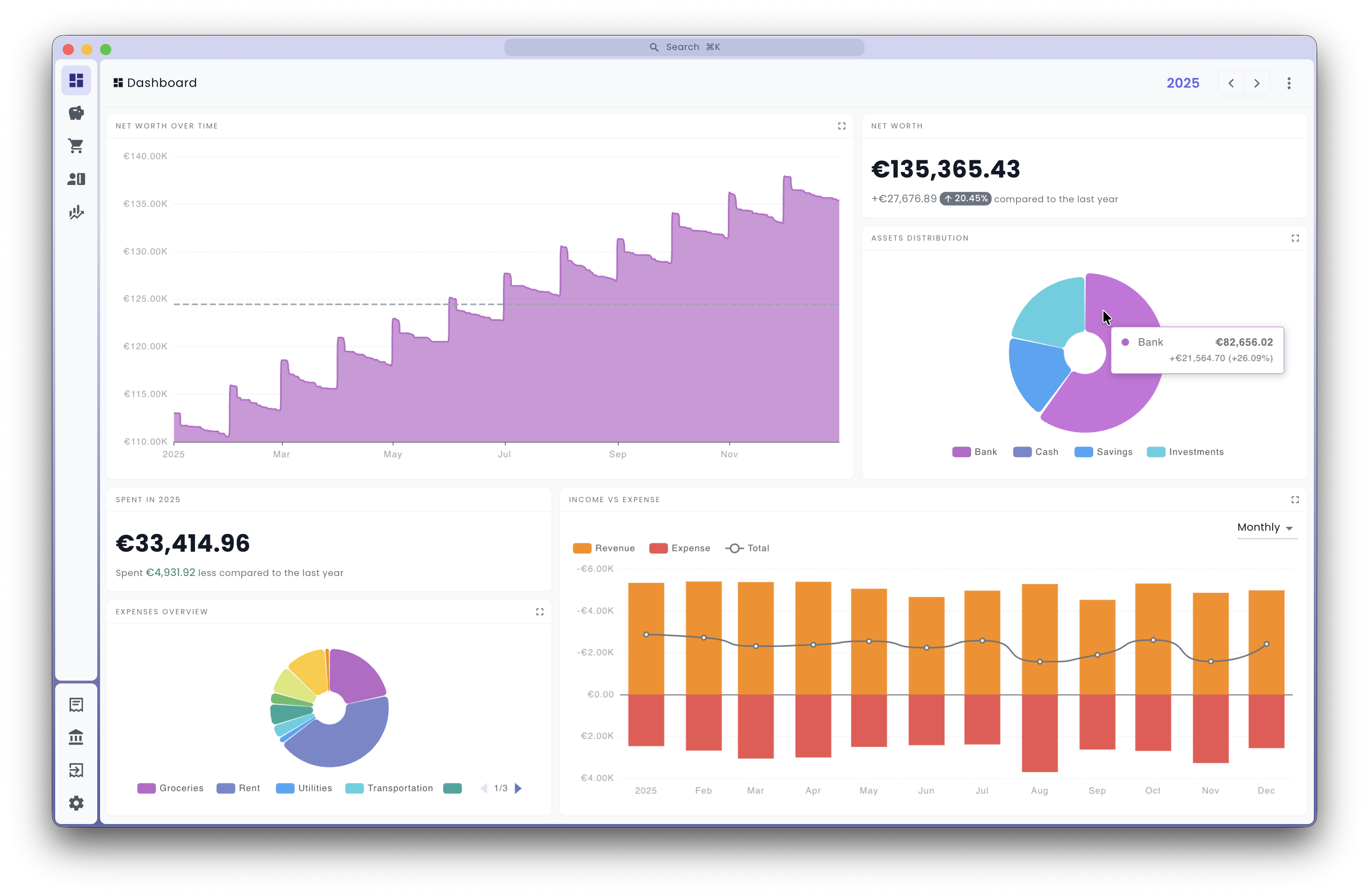 The Lui Ledger dashboard, showing net worth, income versus expense, and account balance widgets